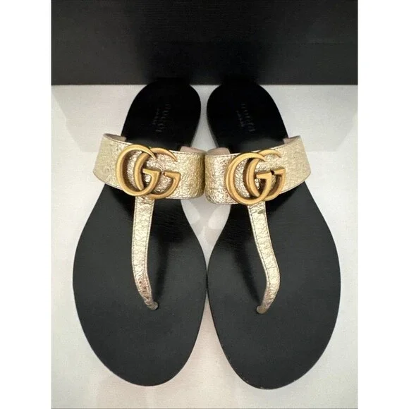 Gucci GG Gold Marmont Leather Thong Sandals Flat Shoes Authentic EU 37 US 7